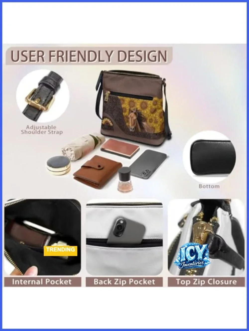 Leather Crossbody Sling Bag for Women Adjustable Strap Zippered Purse